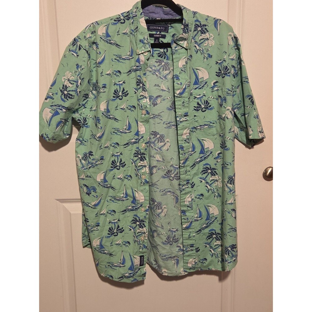 Crown & Ivy Mens Small Hawaiian Shirt Sailboat Tropical Palm Island Green S